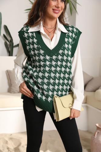 Sunfaynis Women's V Neck Houndstooth Sweater Vest Sleeveless Loose Pullover Sweater3