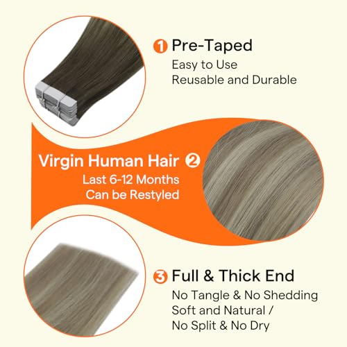 Image of Full Shine Insert Virgin Tape in Hair Extensions Human Hair Color 4 /7 /80 Smoky Mushroom Brown Balayage Tape in Extensions 24 Inch Silky Straight Hair Extensions 10Pcs 25 Grams Light for Outing