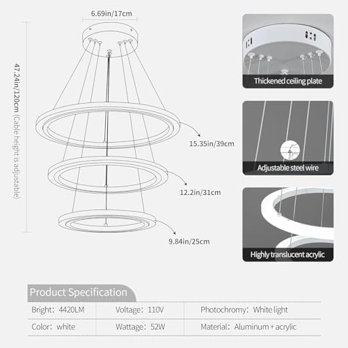 Image of Manraj Modern LED Chandelier, Acrylic 3-Ring Design, Ring Flush Mount Chandelier with Adjustable Hanging Cord Pendant Light Fixture, for Dining Living Room Bedroom (White)