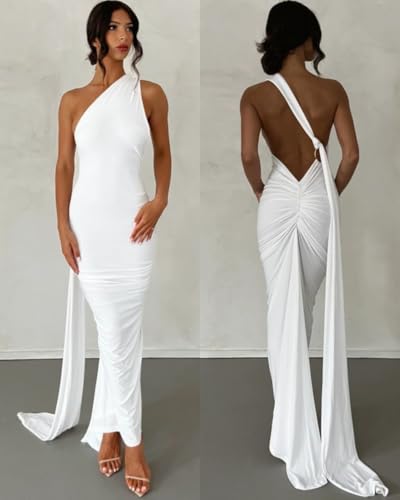 Image of Suillty Women's Sexy Oblique Shoulder Backless Maxi Dress Ruched Back Strap Sleeveless Party Club Long Dresses Bodycon