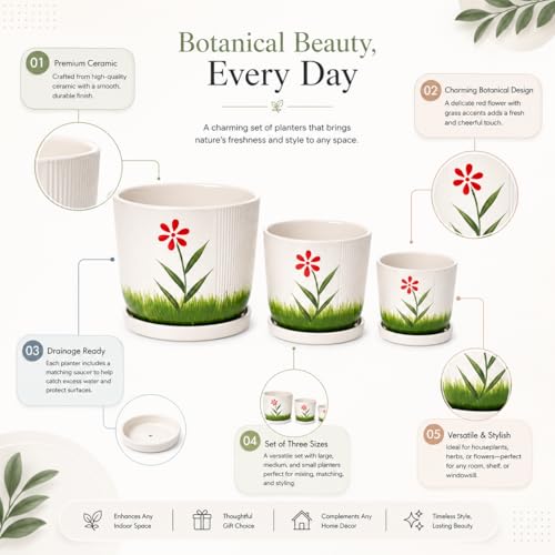 Image of Xtore Vibrant Floral Ceramic Planter Set with Drainage Saucers | Decorative Indoor Flower Pots for Living Room, Balcony, Office Desk & Tabletop Plant Display (Set of 3, White & Green - Planters only)