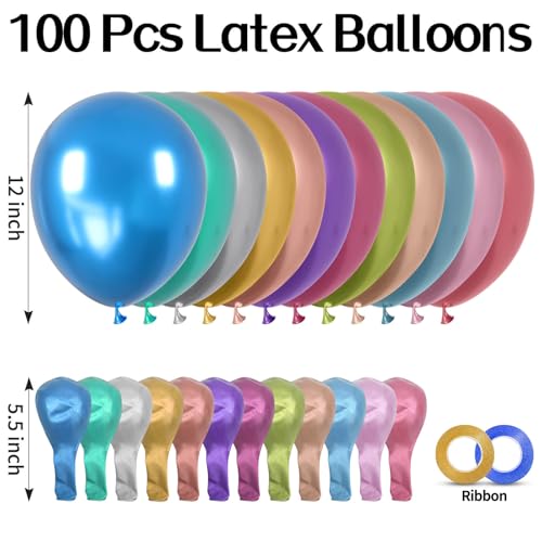 Image of 100pcs Metallic Chrome Latex Balloons 12 inch Colorful Balloon | Assorted Colors, Birthday, Graduate, Wedding, New Years Decorations