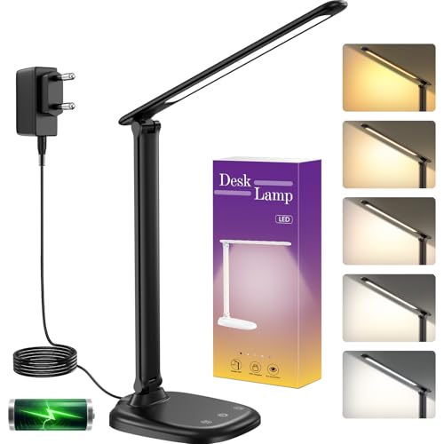 Lampe de Bureau avec Adaptateur, Lampe de Bureau LED 5 Modes, Batterie 4000mAh avec Port USB, Flexible Contrôle Tactile Protection des Yeux, Minuterie et Fonction Mémoire, pour Enfants, Étude,Travail