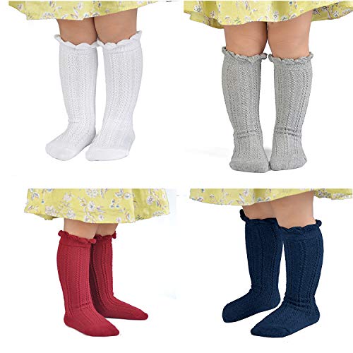 Image of Epeius Baby Girls Boys Cotton Uniform Knee High Socks Tube Ruffled Stockings (Pack of 3 /5)