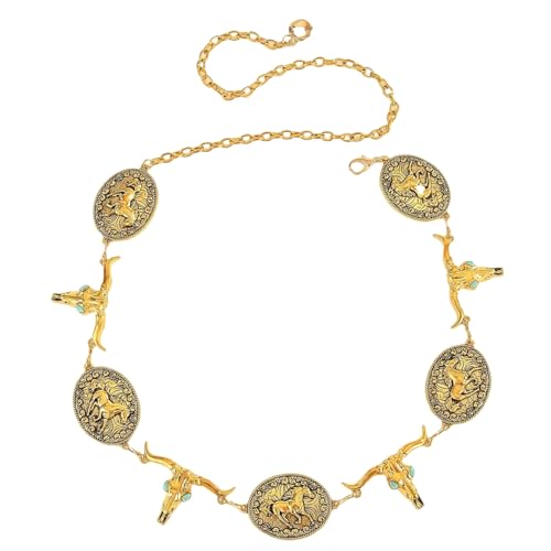 Western Style Chain Belt with Horse Medallions and Longhorn Skulls
