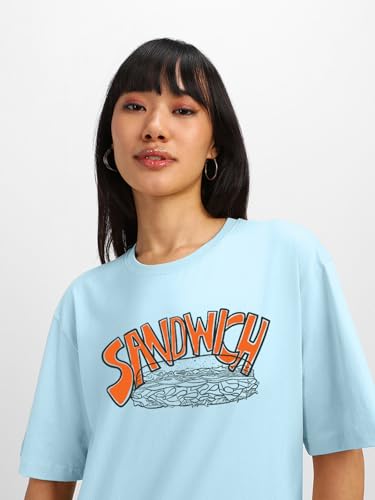 Image of JUNEBERRY Pure Cotton Oversized Baggy Fit Round Neck Drop Shoulder Swan White Back Graphic Printed T-Shirt for Women /Girls