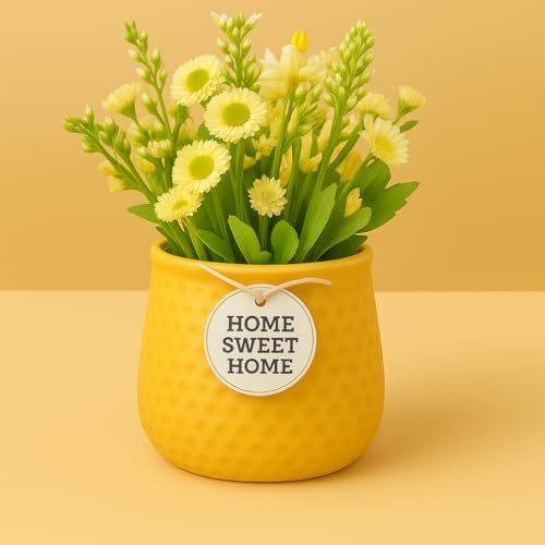 Image of Yo Green Ceramic Plant Pot for Indoor & Outdoor, Modern Planter for Home & Office Decor, Durable, Stylish Finish, Ideal for Tabletop, Shelf, Balcony, Great Gift Idea (Yellow, 4 Inches)
