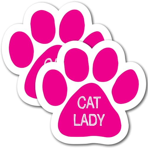 Image of Cat Lady Pink Pawprint Car Magnet 5 Inch 2 Pack, Dog Lover Gift, USA Made | Heavy duty magnetic decal for car, truck, SUV or fridge, full color UV printed