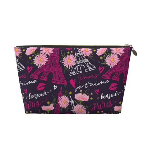 Trousse da viaggio per trucchi con torre Eiffel e fiori rosa, trousse da viaggio per cosmetici, borsa per il trucco da donna, organizer per trucchi in pelle, graziosa borsa per il trucco, Oro, Taglia