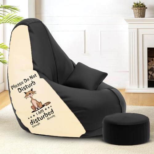 Image of Amazon Brand - Solimo Premium Faux Leather Bean Bag Combo with Footrest & Cushion, Filled with Beans | Capacity: Upto 6 Ft 3 in Height, 120 KG Weight | 3XL | Do Not Disturb | Black