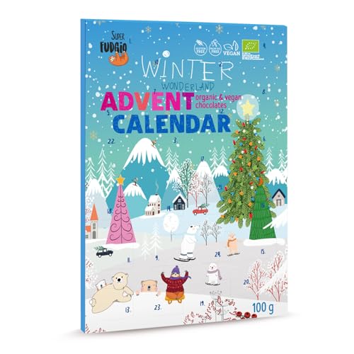 SUPER FUDGiO Vegan Adventskalender mit ORGANIC Schokolade | BIO Weihnachtskalende | Snack-Kalender für 2024 | 100g
