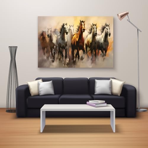 Image of Rangoli Seven Running Horses Wall Painting | Vastu-Inspired Canvas Art for Positive Energy | Framed 3D Artwork for Living Room, Office & Home Decor | Elegant Wall Decor Painting (12 x 18 Inch) (cream)
