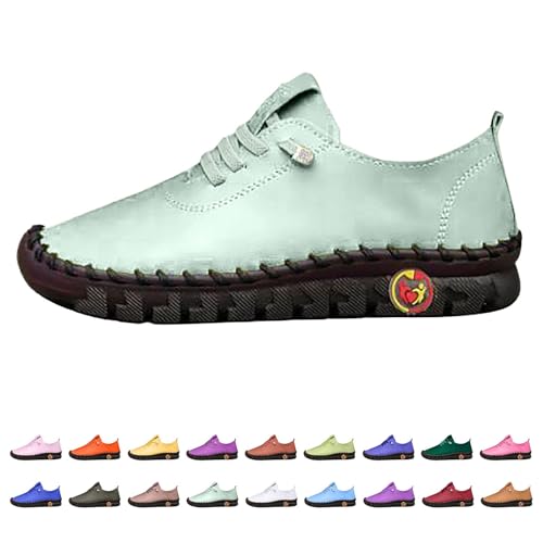 Women's Leather Soft Bottom Flat Shoes Casual Round Toe Wide Width Walking Sneakers Hollow Breathable Slip-On Loafers4