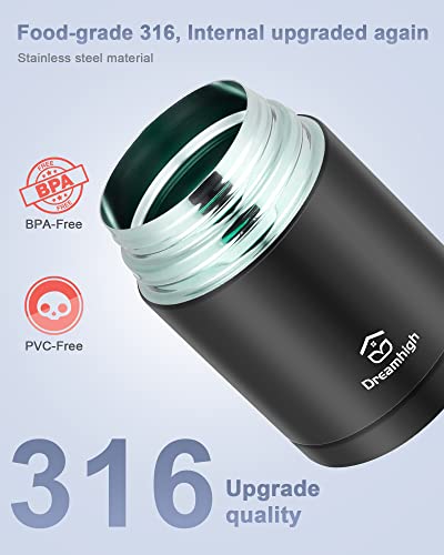 Foto von Dreamhigh® Thermobehälter für Essen 800 ml, Edelstahl Warmhaltebehälter Speisegefäß für Essen, Thermoskanne Essen Auslaufsicher, inkl. Löffel, 12 Stunden Heiß, 12 Stunden Kalt (Schwarz)