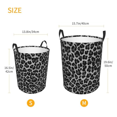 Image of Grey Leopard Round Laundry Hamper Cheetah Gray Storage Basket Toys Clothes Organizer Bin For Home Bathroom Bedroom Dorm Nursery, 38l