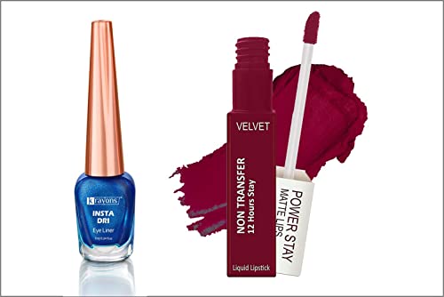 Image of Krayons Insta Dri Sparkling Eyeliner, Blue, 7ml And Power Stay Nontransfer 12hrs Stay Matte Liquid Lipstick, Maroon Magic, 4ml