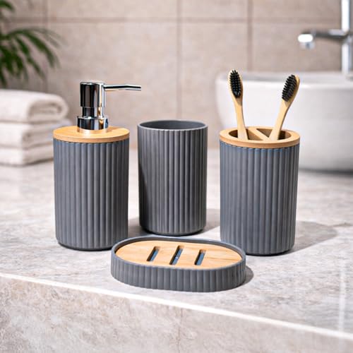 Image of MARKET 99 Bathroom Accessories Set of 4, Grey Plastic Bathroom Countertop Organizer with 350 ml Soap Dispenser, Toothbrush Holder, Tumbler & Soap Dish, Modern Vanity Bathroom Decor Set