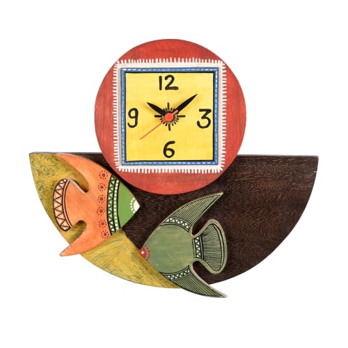 Image of AAKRITI ART CREATIONS Wall Clock Handcrafted Wooden with Fish Motif Multicolor | Clock for Home, Home Decoration | Abstract Art Wall Clock, Lightweight Wooden wall Decor | Matte Finish