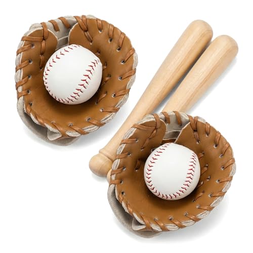 jarbins 2 Sets Miniature Baseball Bats and Glove Mini Baseballs for Crafts Sports Baseball Bats for Birthday Cake Topper Dollhouse Accessories