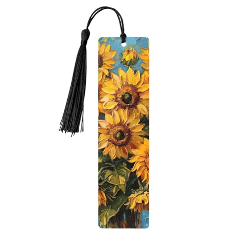 油絵 ひまわりプリント タッセル付き木製しおり 5個 読書ページマーカー ブックマーク 男性女性へのギフトに