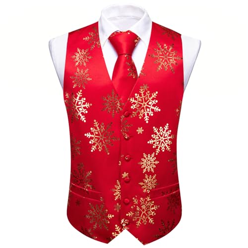 Barry.Wang Men Christmas Vest Red Green Xmas Tree Snow Elk Snowflake Holiday Suit Waistcoat Tie Set New Year Festival3