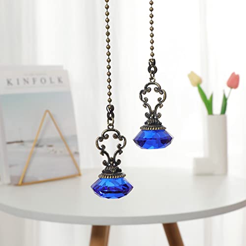 Image of 2pcs Blue Crystal Fan Pull Diamond Drop Vintage Pull Chain Ceiling Pull Chain Extender with Connector