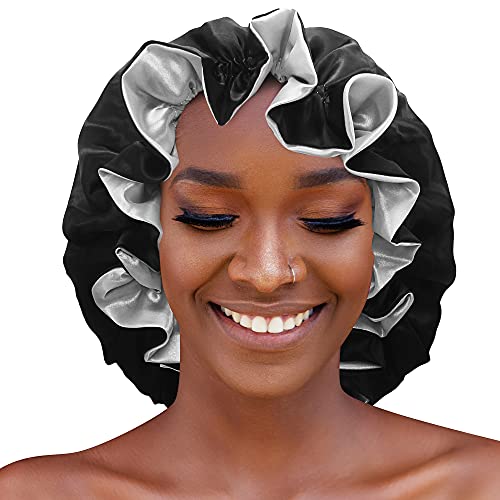 SweetEasy Satin Bonnet for Women Protect Hair Adjustable Hair Cap Silk Bonnet for Natural Hair Curly Hair Cap Silk Hair Wrap for Sleeping Available on Both Sides Suitable Hair Large Volume Cap Black