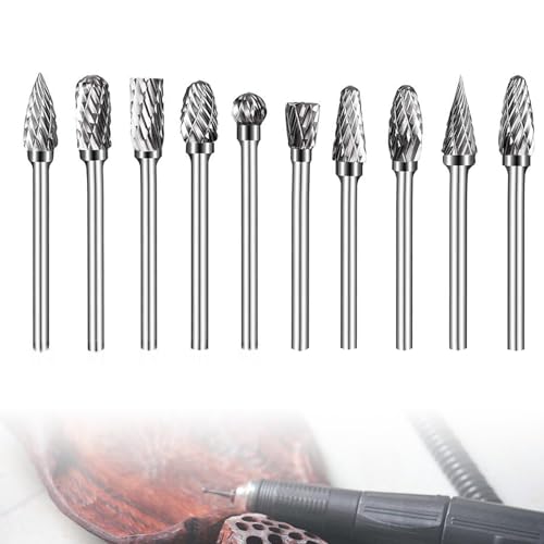 10Pcs Tungsten Carbide Steel Double Cut Rotary Burrs Set Carbide Die Grinder Bits Compatible with Dremel Rotary Tool Accessories for Wood Metal Grinding Polishing Engraving Drilling Carving