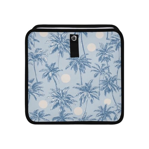 Image of Car Trash Can Organizer Bin with Adjustable Strap for Back Front Seat Console Waterproof Leakproof Collapsible Portable 11 Inch Light Blue Palm Trees and Sun