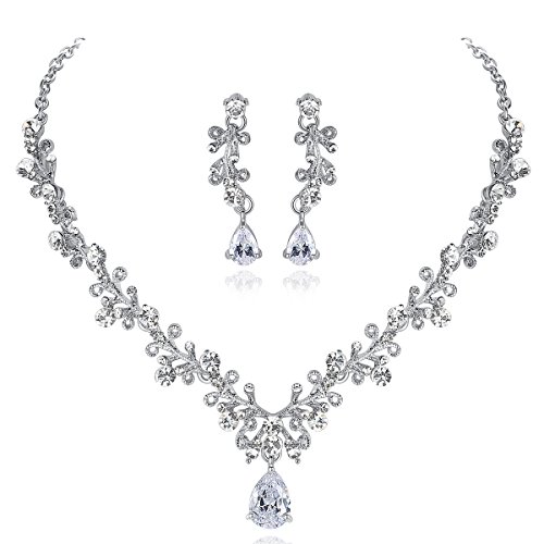mecresh Juego de collar y pendientes y tiara de circonita cúbica para mujer, regalo del día de San Valentín, Cristal, Circonita cúbica