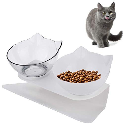Doppelter Futternapf, VieVogue Futternäpfe Katzenfutter Fressnäpfe für Katzen 15 °Geneigt Doppelt Futternapf Haustier Essen Wasser Schüsseln(White+Clear Bowls) Cover