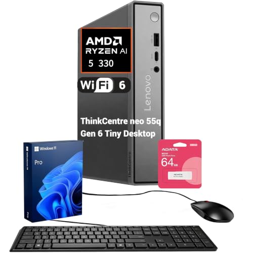 Image of Lenovo ThinkCentre neo 55q Mini Desktop Ryzen AI 5 330, 32GB RAM 2TB SSD | Business MFF Desktop Work Performance, up to 50 TOPS, Support 3-Monitor 4K, Wired Keyboard & Mouse, Windows 11Pro, w / Bundle