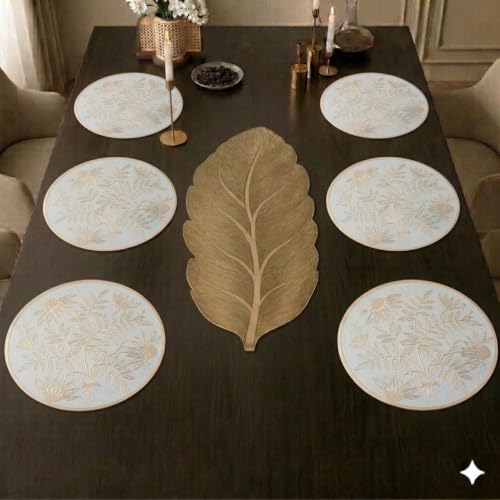 Image of Dakshya Industries Dining Table Mats Round PVC Set | 6 Waterproof Placemats (38 x 38 cm) + 1 Table Runner (91 x 33 cm) | Heat Resistant, Kitchen Decor (Lumivex)