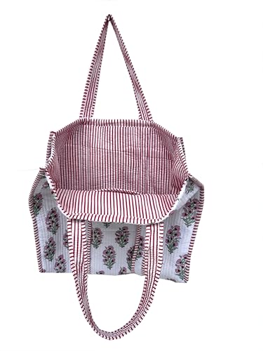 Image of Quilted Cotton Handprinted Reversible Large multicolor Floral Tote Bag,Hand Block Print Shopping Shoulder Carry Bag