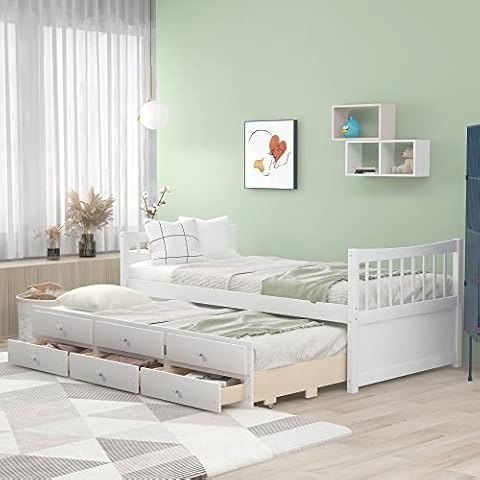 Tensun Twin Size Wood Daybed with Trundle and Storage, Twin Daybed with 3 Drawers for Bedrooms,Guestroom, Dorms, for Boys/Girls, Kids, Teens and Adults, No Box Spring Required, White Cover