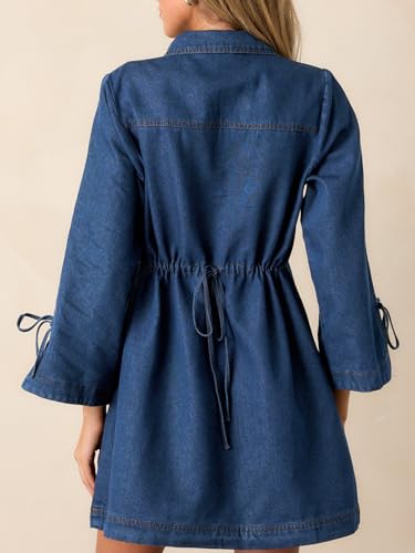 Image of Womens Denim Shirt Dress Collared V Neck Bell Long Sleeve Mini Casual A-line Jean Dresses with Bow