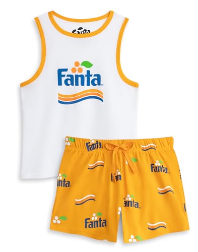 Coca-Cola Ensemble Pyjama Fanta Blanc et Orange pour Femme | Ensemble débardeur et Short sans Manches | Vêtements de Nuit Confortables avec Logo | Vêtements de détente pour la Maison