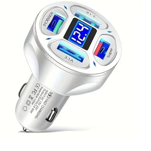 RDRKR 66W 4 Ports: Two USB 3.1A and One QC 3.0 Fast Car Charging, One Super Port Voltage Monitor, LED Display Adapter. Compatible with Tablets, iPhone Series, Samsung Galaxy, Google Pixel(White)