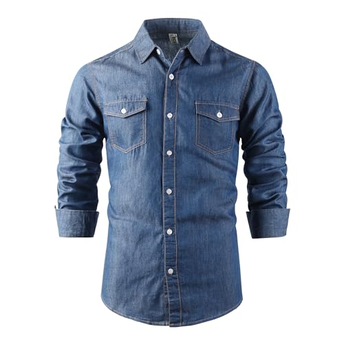 Tianerhay Camisa vaquera para hombre, de algodón elástico, con botones, estilo occidental, informal, con solapa, azul, L