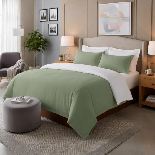 Image of Duvet Cover Single Size Bed (60x92 Inch) 1 Duvet Cover + 4 Pillow Covers with Zipper 600 TC Cotton Reversible Luxurious Quilt, Comforter, Rajai, Blanket Cover (White /Sage)