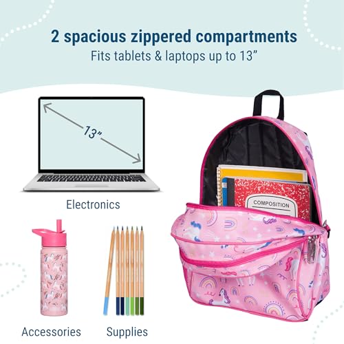 Image of Wildkin 15 Inch Backpack for Kids, Rainbow Unicorns | Ages 5-10, padded straps, side water bottle pocket - coordinates with matching Wildkin lunch boxes
