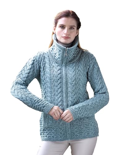 Image of Aran Crafts Irish Women's Double Collar Zip Cardigan (100% Merino Wool)
