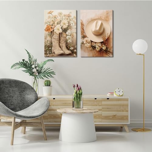 Image of NNX 2pcs Vintage Western Cowgirl Canvas Wall Art: Coastal Cowgirl Boots & Hats Posters - Trendy Preppy Dorm Room & Living Room Wall Decor - Ready To Hang