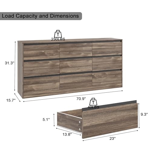 Image of Bobve 70.9 inch Dresser for Bedroom with 9 Drawers, Large Modern Chest of Drawers Handle Free, Long Wooden Dressers Storage Organizer, Wide Double Dresser for Bedroom, Living Room, Hallway (Walnut)