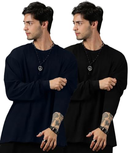 Image of ALONE EAGLE Oversized Cotton Plain Full Sleeve Round Neck Combo T Shirt for Men Pack of 2