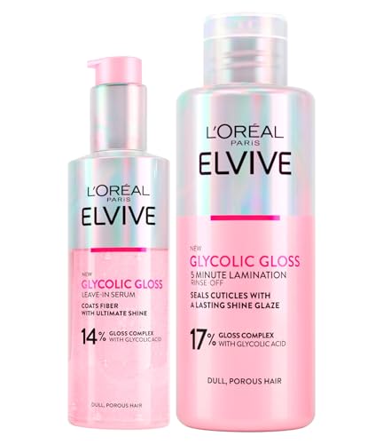 L'Oréal Paris Elvive Glycolic Gloss Serum Pelo sin Enjuague para Cabello Poroso y Opaco Brillo Intenso y Duradero 150 ml + Tratamiento de Laminación 5 Minutos con Acido Glicólico 200 ml - 2 Botellas