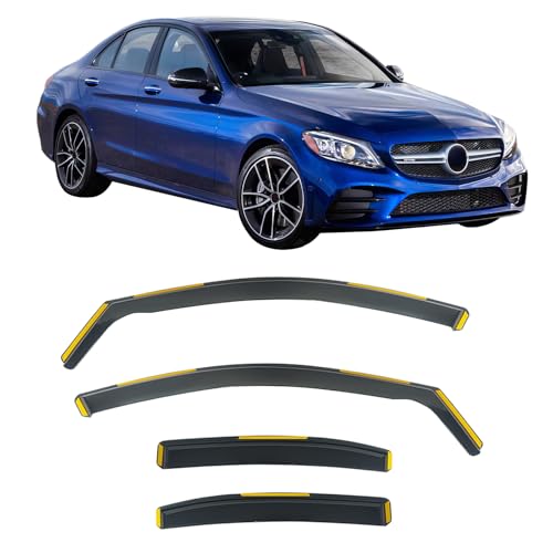 IKON MOTORSPORTS in Channel Window Visors Compatible with 2015-2021 Mercedes-Benz W205 C Class Sedan 4-Door, PC Polycarbonate Black Rain Guards, Side Window Wind Deflectors 4PCS