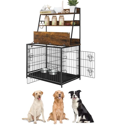 Heavy Duty Outdoor Dog House with Tiered Shelves, Large Indoor Outdoor Wire Kennel Cage for Medium Large Dogs, Weather-Resistant Gray Pet Home- Retro Color
