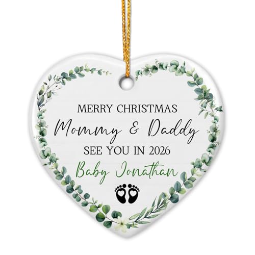 Personalized Merry Christmas Mommy & Daddy Ceramic Ornament, Pregnancy Announcement New Baby Coming 2026 Ornament Gift for New Dad Mom, Custom Year & Name Bump Baby's Ceramic Ornament for New Parents