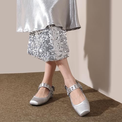 Women's Sliver Black Studded Ankle Strap Square Toe Mary Jane Flats Office, Party, Daily Wear 6